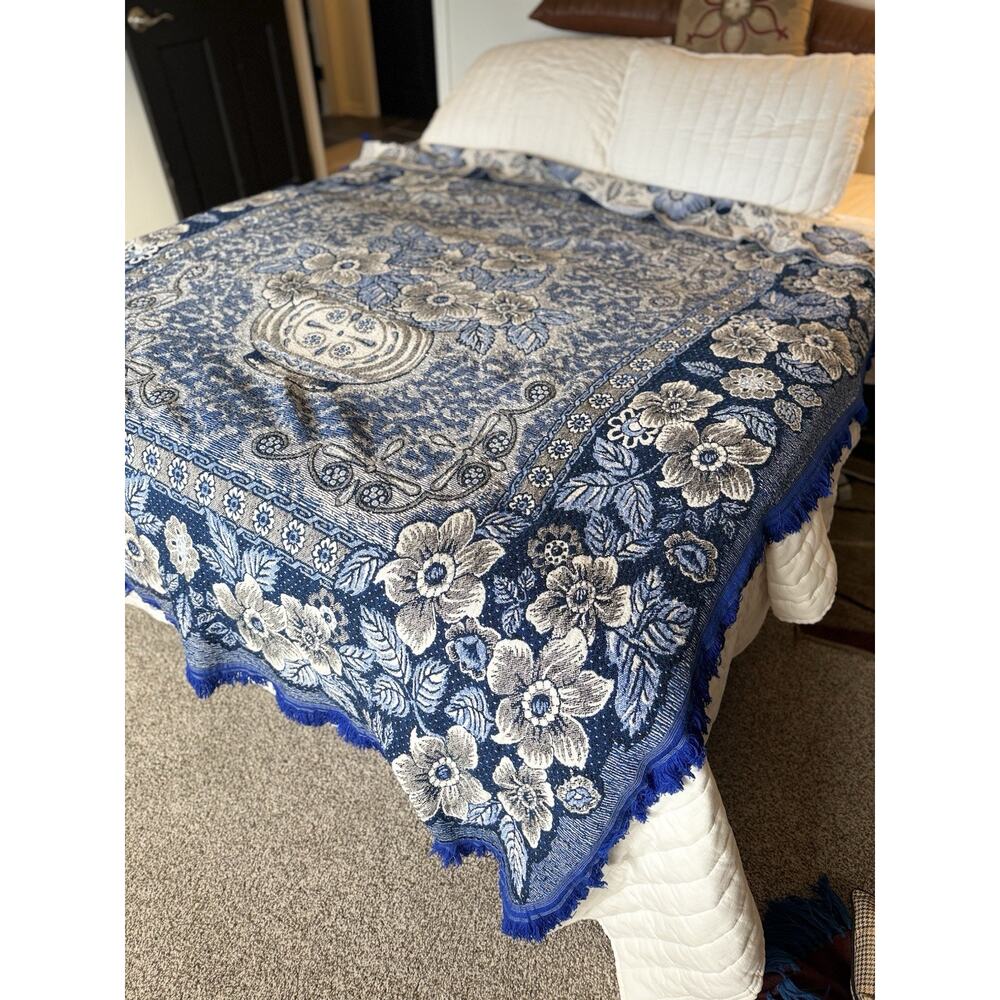 Antique Jacquard Woven Coverlet Blue/White Floral 85X71" Fringe 3 Sides